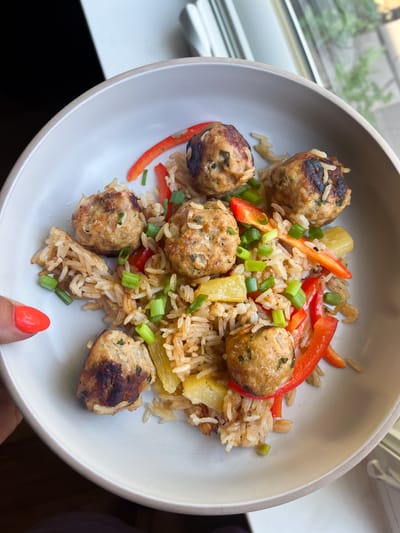 Firecracker Chicken Meatballs with Coconut Rice