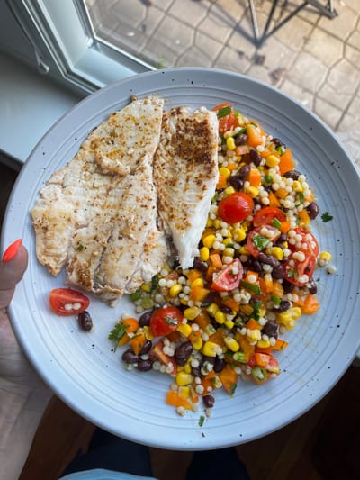 Cowboy Caviar Couscous Salad with Seared Tilapia