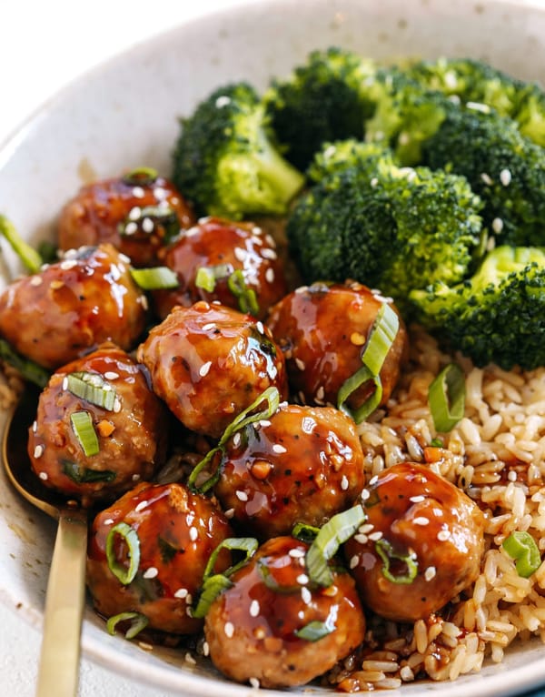 Asian Glazed Turkey Meatballs  and Broccoli